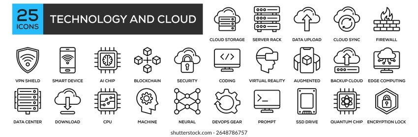 Technology and Cloud icon collection set. Containing design Cloud Storage, Server Rack, Data Upload, Cloud Sync, Firewall