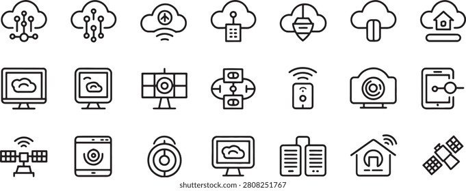 Technology Cloud Network Connectivity Icon Set with Wifi Symbols, Server Screens, and Device Communication Links