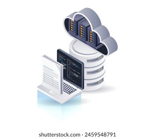 Tecnología de datos informáticos de servidor en la nube, ilustración 3d plana isométrica infografía