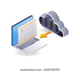 Technology cloud server data transfer, isometric flat 3d illustration infographic