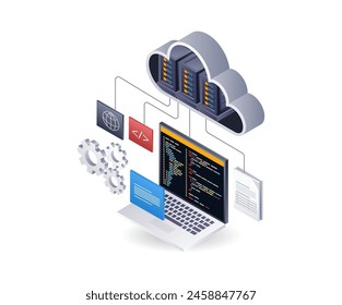 Technology cloud server programming language, isometric flat 3d illustration infographic