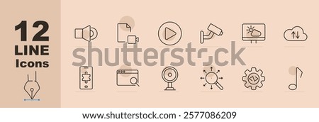 Technology and cloud set icon Speaker, files, play button, camera, cloud sync, magnifying glass, puzzle. Technology, cloud services, digital tools