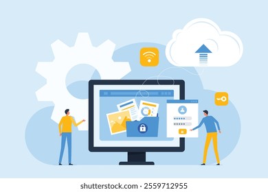 technology cloud storage backup. business cloud computing and datacenter security concept. with administrator and developer team. flat vector illustration design.
