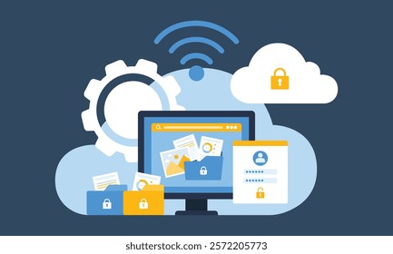 technology cloud storage backup. business cloud computing and datacenter security concept. with administrator and developer team. flat vector illustration design.