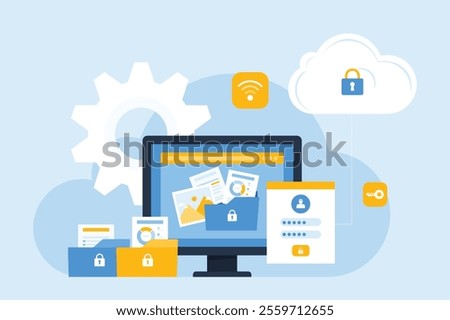 technology cloud storage backup. business cloud computing and datacenter security concept. with administrator and developer team. flat vector illustration design.
