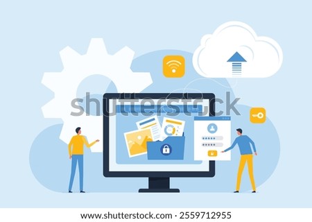 technology cloud storage backup. business cloud computing and datacenter security concept. with administrator and developer team. flat vector illustration design.
