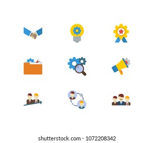 Technology collaboration icons set. Successful partnership and technology collaboration icons with technical collaboration, teamwork and research. Set of mechanical for web app logo UI design.