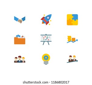 Technology collaboration icons set. Successful partnership and technology collaboration icons with finance, teamwork and technical project. Set of corporate for web app logo UI design.