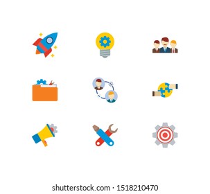 Technology collaboration icons set. Teamwork and technology collaboration icons with marketing, creativity and target. Set of wrench for web app logo UI design