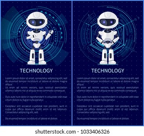 Technology collection of robots standing in complete tranquility, headlines and text sample, interface vector illustration, isolated on blue