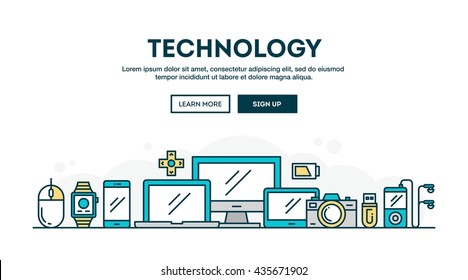 Technology, colorful concept header, flat design thin line style, vector illustration