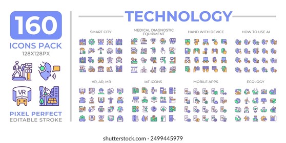 Technology colorful icons set collection. Smart city IoT. Clean energy. VR, AI. Hand device mobile apps mega pack of flat line symbols, pixel perfect. Isolated vector illustrations. Editable stroke