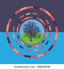 Technology colorful round background with tree. Abstract digital illustration. Connection concept. Electronic round design. Modern abstraction lines and points.