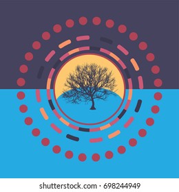 Technology colorful round background with tree. Abstract digital illustration. Connection concept. Electronic round design. Modern abstraction lines and points.