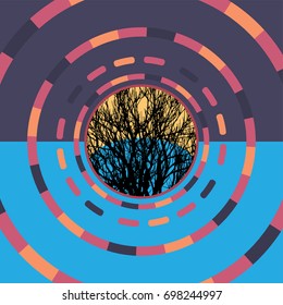 Technology colorful round background with tree. Abstract digital illustration. Connection concept. Electronic round design. Modern abstraction lines and points.