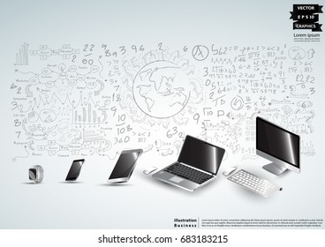 Technology  Communication Computer, Cellphone, Tablet, Laptop,Watch, - modern Idea and Concept   Vector  illustration  Business Infographic template Background Business Planning.