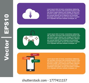 Technology communication concepts flat vector. Cloud download, game console joystick,  phone screen for website and app SMS. 
