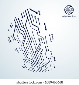 Technology communication cybernetic element with arrows. Vector abstract illustration of circuit board. Modern innovation technologies backdrop.