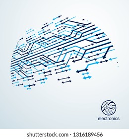Technology communication cybernetic element with arrows. Vector abstract illustration of circuit board. Modern innovation technologies backdrop.