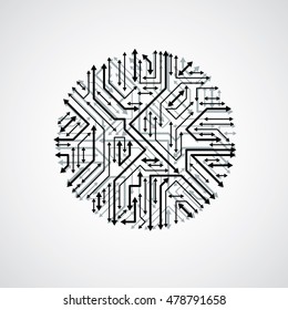Technology communication cybernetic element with arrows. Vector abstract illustration of circuit board in the shape of circle.