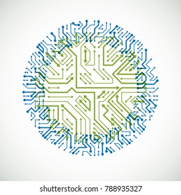 Technology communication cybernetic element with arrows. Vector abstract illustration of circuit board in the shape of circle.