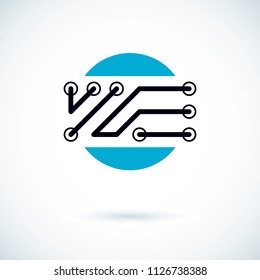 Technology communication cybernetic element. Vector abstract circuit board. Electronic microprocessor logo.