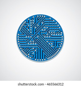 Technology communication cybernetic element. Vector abstract illustration of circuit board in the shape of circle.