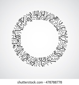 Technology communication cybernetic element. Vector abstract illustration of circuit board in the shape of circle.