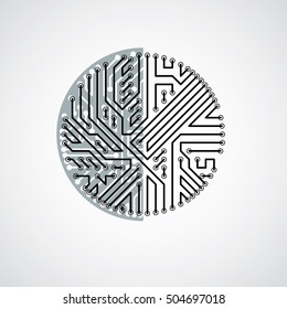 Technology communication cybernetic element. Vector abstract illustration of circuit board in the shape of circle.