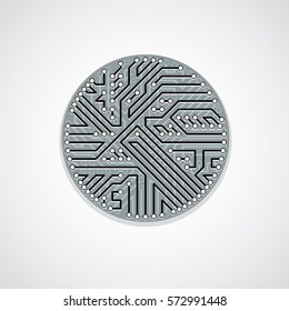 Technology communication cybernetic element. Vector abstract illustration of circuit board in the shape of circle.