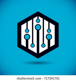 Technology communication cybernetic element. Vector abstract circuit board. Electronic microprocessor logo.