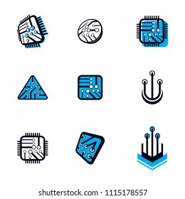 Technology communication cybernetic elements collection. Vector abstract circuit board. Set of electronic microprocessor logos.