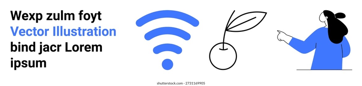 Technology, communication, eco-friendly concepts, internet connectivity, environmental awareness, user interface design. wireless signal shape, plant icon woman gesture illustration. Technology
