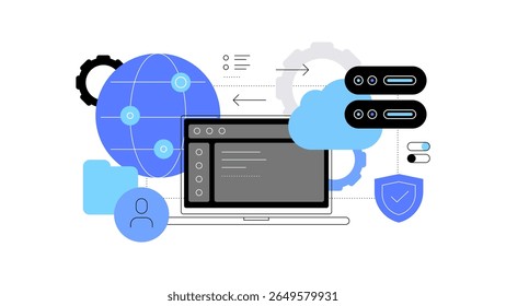 Tecnologia e comunicação. Ilustração plana. Arquivo vetorial.