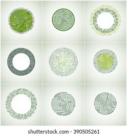 Technology communication green cybernetic elements collection with arrows. Set of vector abstract circuit boards in the shape of circles.