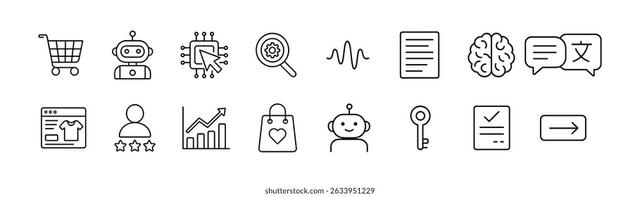Conjunto de iconos de línea de Tecnología y comunicación - Flat, AI, compras, símbolos de chat