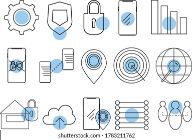 Línea de comunicación de tecnología Iconos con formas de color azul