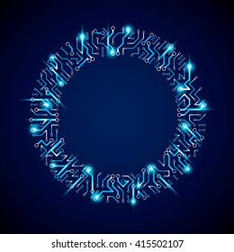 Elemento cibernetico luminiscente de la comunicación tecnológica. Ilustración vectorial abstracta de la placa de circuito de neón en forma de círculo con efecto de brillo.