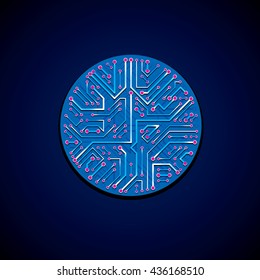 Technology communication luminescent cybernetic element. Vector abstract illustration of neon circuit board in the shape of circle with shine effect.
