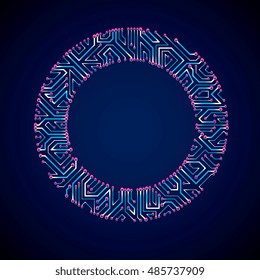 Technology communication luminescent cybernetic element. Vector abstract illustration of neon circuit board in the shape of circle with shine effect.
