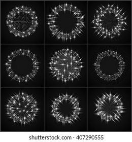 Technology communication luminescent cybernetic elements collection. Set of vector abstract gleam circuit boards in the shape of circles with shine effect.