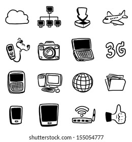 technology, communication objects or icons set / 16 objects, cartoon vector and illustration, hand drawn, sketch style, isolated on white background.