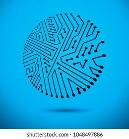 Technology communication round cybernetic element. Vector abstract illustration of circuit board.