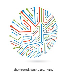 Technology communication round cybernetic element. Vector abstract illustration of circuit board.
