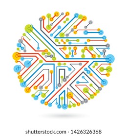 Technology communication round cybernetic element. Vector abstract illustration of circuit board.