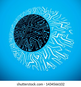 Technology communication round cybernetic element. Vector abstract illustration of circuit board.