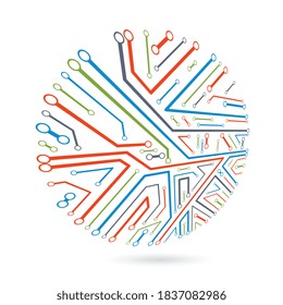 Technology communication round cybernetic element. Vector abstract illustration of circuit board.
