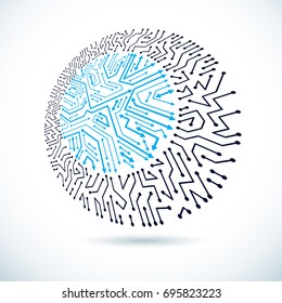 Technology communication round cybernetic element. Vector abstract illustration of circuit board.