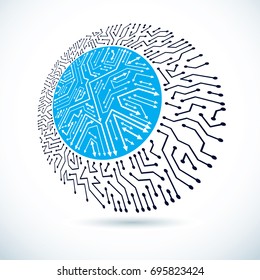 Technology communication round cybernetic element. Vector abstract illustration of circuit board.