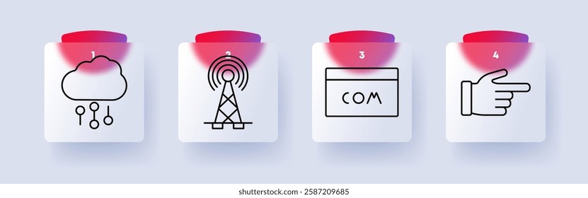 Technology and communication set icon. Cloud computing, antenna tower, domain name, pointing hand, internet services, data connection, online browsing